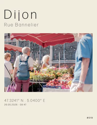 Vue sur un stand de fleurs autour des Halles, rue Bannelier, un jour de marché. Au premier plan, des clients et passants.